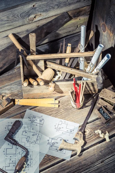 Drawing desk in carpenter workshop — Stock Photo, Image