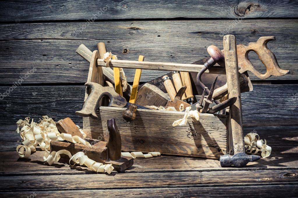 Antique Wood Tool Box With Handle And Tools On Wooden Background Stock  Photo - Download Image Now - iStock