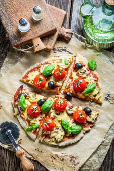 Prepared station to decorate the pizza — Stock Photo, Image