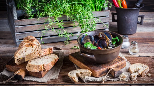 Cozze con salsa all'aglio — Foto Stock