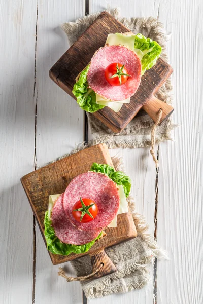 Verse salami met sla en tomaat — Stockfoto