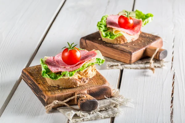 Välsmakande salami med tomat och sallad — Stockfoto