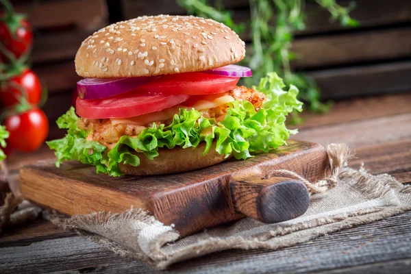 Tasty burger with vegetables — Stock Photo, Image