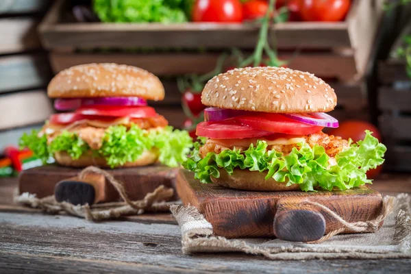 Chutný hamburger s kuřecím masem — Stock fotografie