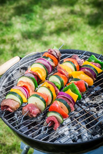 Braten von frischem Rindfleisch und Gemüse mit Kräutern im Garten — Stockfoto
