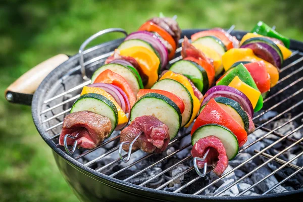 Roasting fresh red meat and vegetables with spices in garden — Stock Photo, Image