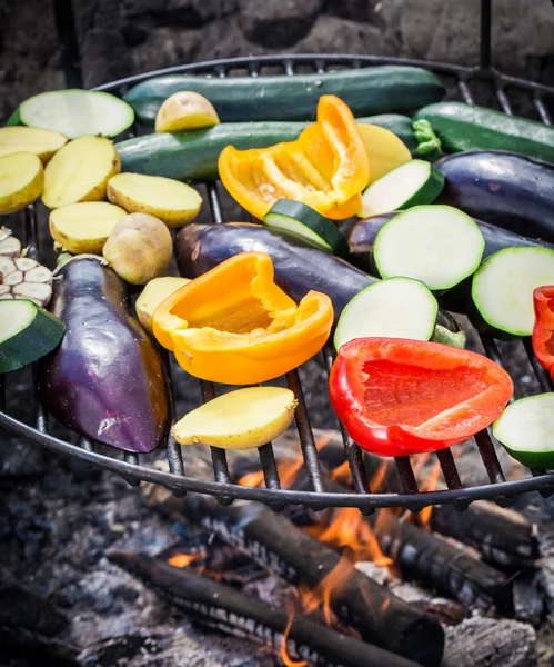 Čerstvá zelenina s kořením, na grilu — Stock fotografie