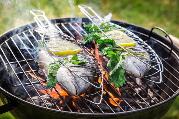 Griller des poissons savoureux avec des herbes et du citron — Photo