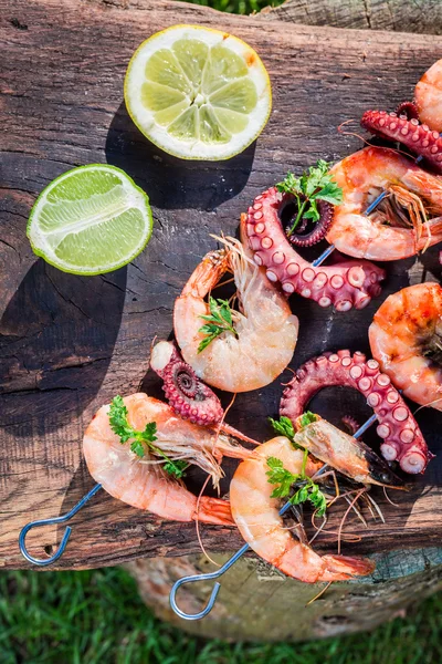 Fresh skewers of seafood with lemon and parsley in garden — Stock Photo, Image