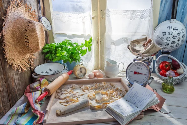 Preparations for tagliatelle in the rustic kitchen — Stock Photo, Image