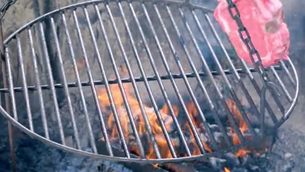Filete asado en la parrilla con fuego — Vídeos de Stock
