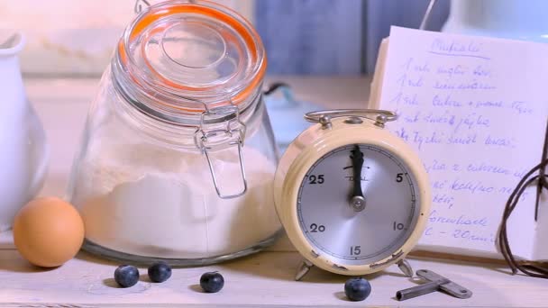 Ingredients for homemade cupcakes with blueberries — Stock Video