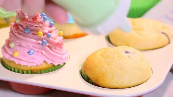 Hausgemachte Cupcakes mit Blaubeeren und Sahne — Stockvideo