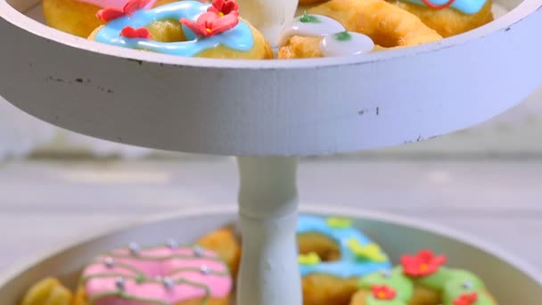 Tower full of homemade donuts — Stock Video