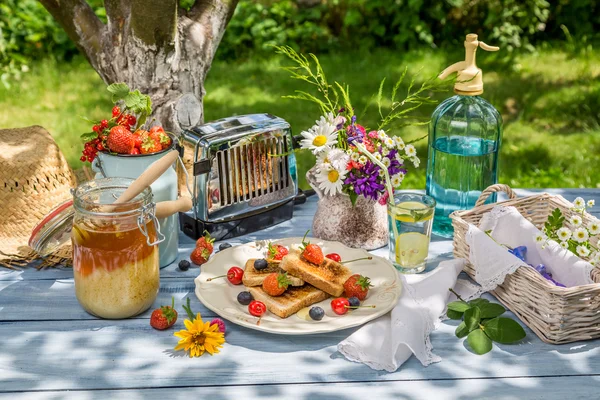 Frukost i trädgården med rostat bröd och frukt — Stockfoto