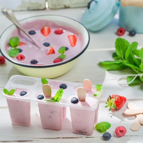 Juicy ice cream with fruits and mint leaf — Stock Photo, Image