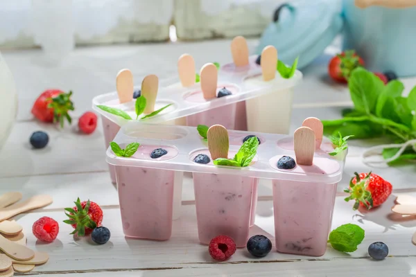 Juicy ice cream with fresh berry fruits — Stock Photo, Image
