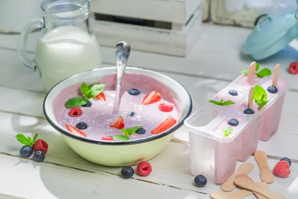 Cold ice cream with fruits and mint leaf — Stock Photo, Image