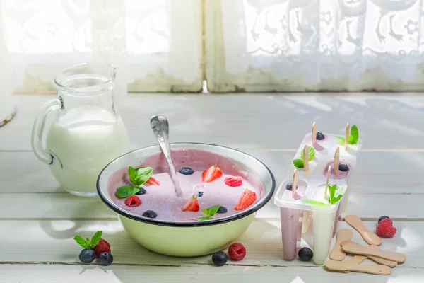 Delicious ice cream with milk and fruits — Stock Photo, Image