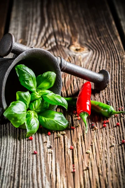 Mortar with intensive spices and herbs — Stockfoto