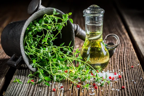 Mortar with vivid spices and herbs — Stock Photo, Image