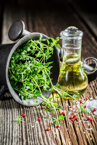 Mortar with good spices and herbs — Stock Photo, Image