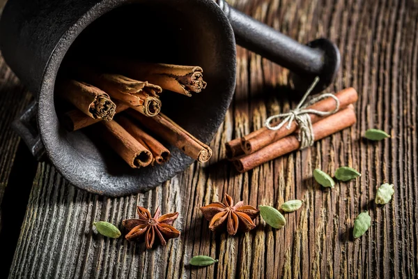 Mortar with spicy spices — Stock Photo, Image