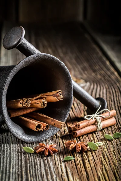 Mortar with intensive condiments — Stock Photo, Image