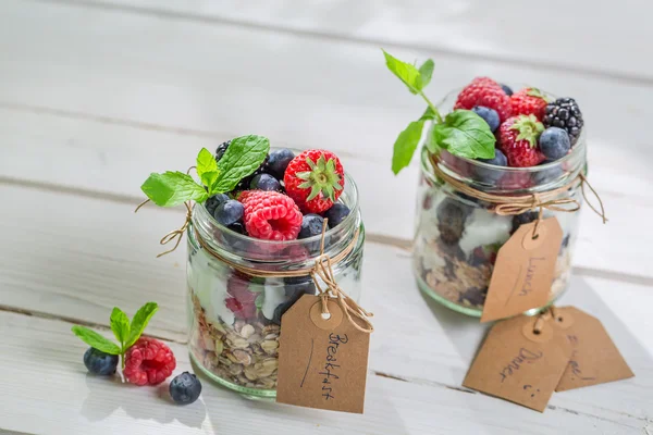 Café da manhã fresco com iogurte e frutas silvestres — Fotografia de Stock