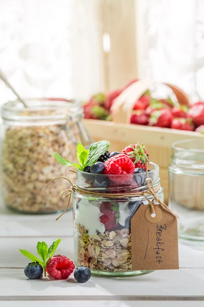 Fersk mysli med frukt og yoghurt – stockfoto