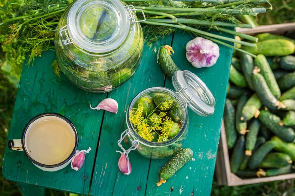 Fresh gherkins in jar — Stock Photo, Image