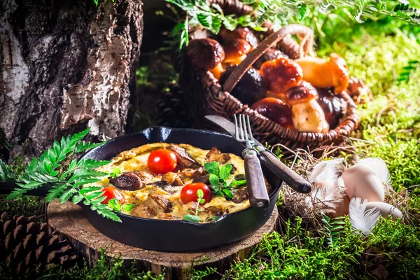 Tasty fried eggs with mushrooms — Stock Photo, Image