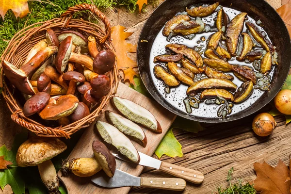 Verse wilde paddestoelen uit pan geserveerd in het bos — Stockfoto