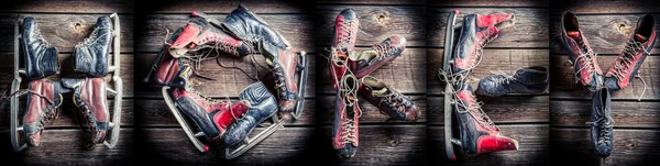 The word of hockey arranged with ice skates — Stock fotografie