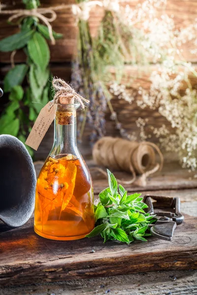 Tintura terapêutica em garrafas com álcool e ervas — Fotografia de Stock