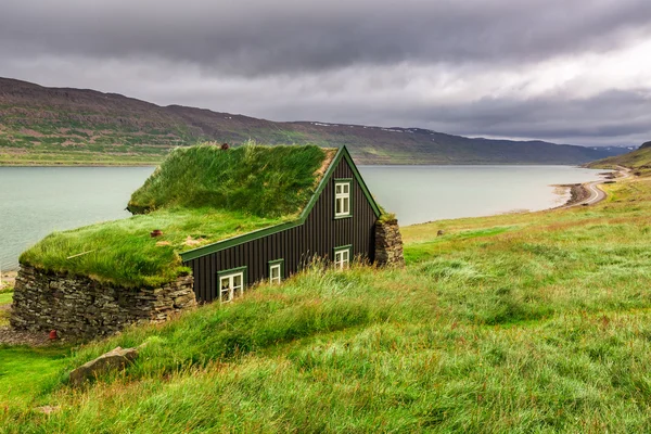 İzlanda'daki çatıda çim kaplı yazlık — Stok fotoğraf