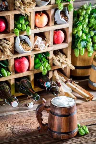 Cerveja de maçã fresca e ingredientes — Fotografia de Stock