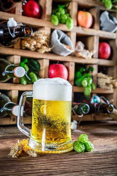 Cerveza fresca e ingredientes en bodega — Foto de Stock