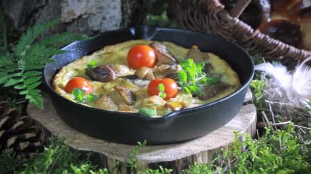 Huevos revueltos para desayunar en el bosque al amanecer — Vídeo de stock