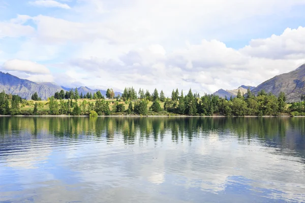 Lake Wakatipu groene oever van het meer — Stockfoto