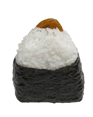 Onigiri Ume, Norveç 'li erik turşusu ve pirinç topu. Beyazda izole edilmiş. Geleneksel Japon yemekleri. Yiyecek konsepti 