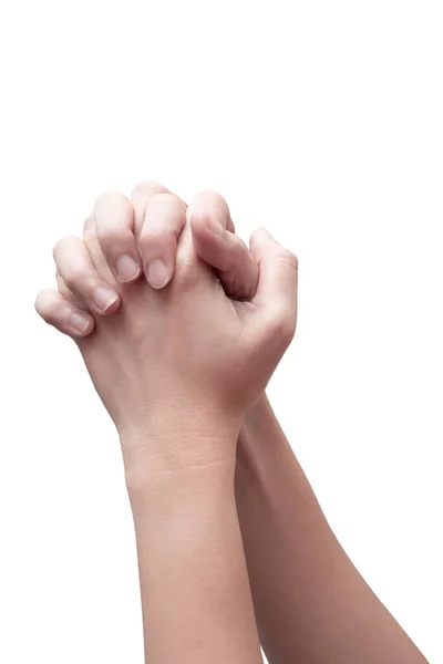 Modląc Się Znak Dłoni Dwie Kobiety Trzymają Się Razem Odizolowane — Zdjęcie stockowe
