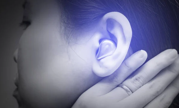 True Wireless Bluetooth Earphones Asian Young Woman Ear Finger Comfortable — Foto de Stock