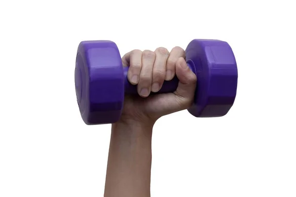 Woman Hand Holding Violet Dumbbell Right Hand Isolated White Background — Stock Photo, Image