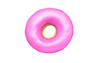 Beyaz arka planda izole edilmiş tatlı pembe kremalı çörek. Abur cubur mu, sağlıksız gıda mı?