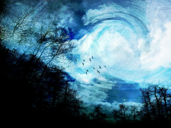 Wirbelnde Wolken, Vögel und Bäume. — Stockfoto
