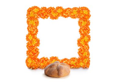 Cempasuchil flower frame with Sweet bread called Bread of the Dead (Pan de Muerto) enjoyed during Day of the Dead festivities in Mexico. clipart