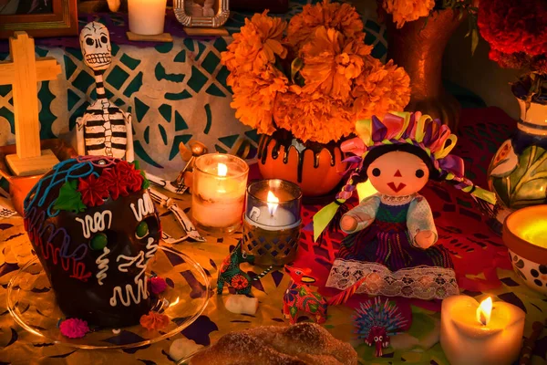 Dia Mexicano Altar Morto Noite Luz Velas Escura — Fotografia de Stock