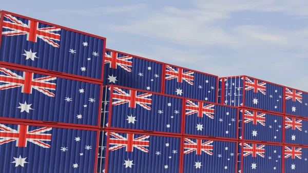 Australia flag containers are located at the container terminal. Concept for Australia import and export 3D.