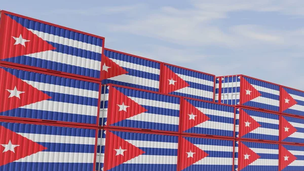 Cuba flag containers are located at the container terminal. Concept for Cuba import and export 3D.
